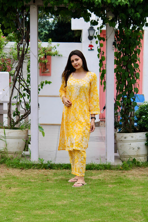 Roohani floral yellow chikankari co-ord set
