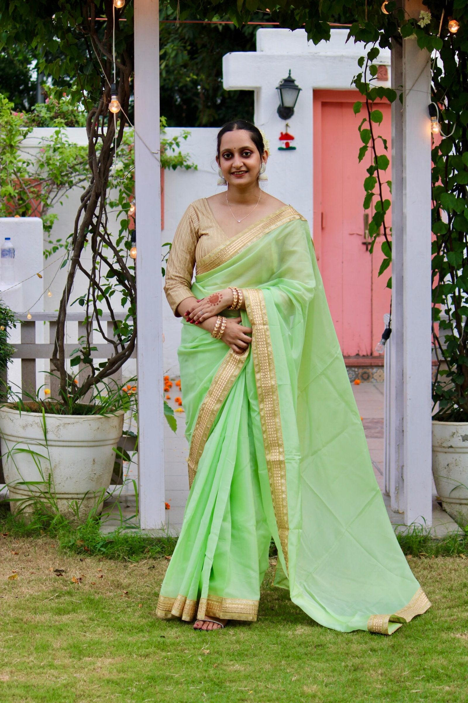 Mehfil Glass organza green saree