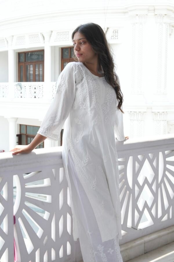 “Nazakat” premium Modal cotton white hand embroidered kurta - Image 3