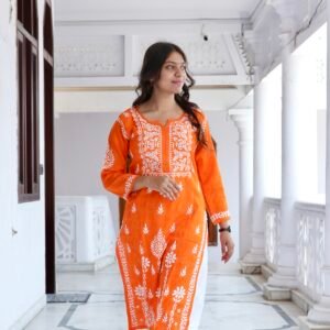 “Nazakat” Modal cotton orange hand embroidered kurta