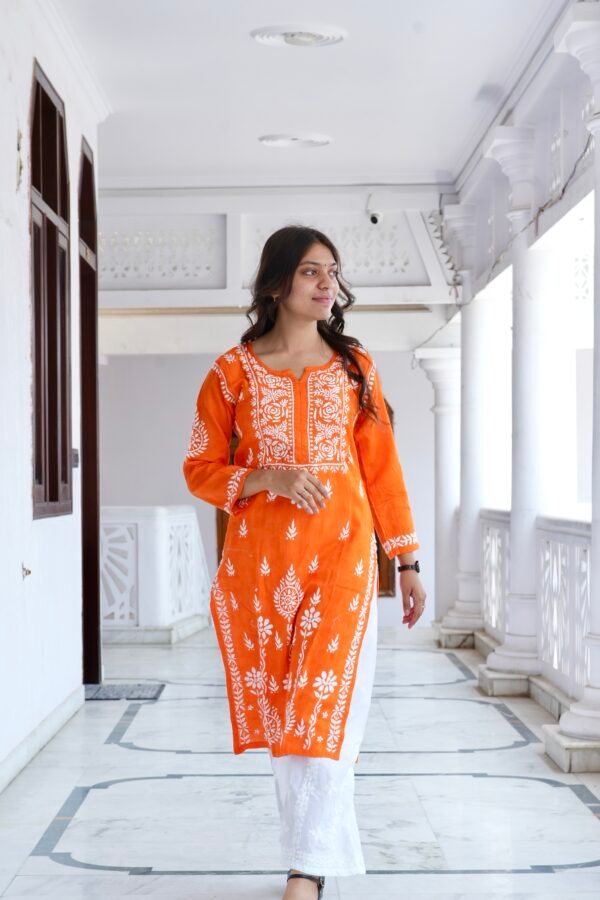 “Nazakat” Modal cotton orange hand embroidered kurta