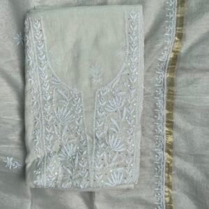 “Begum’s closet” White embroidered unstitched suit with dupatta