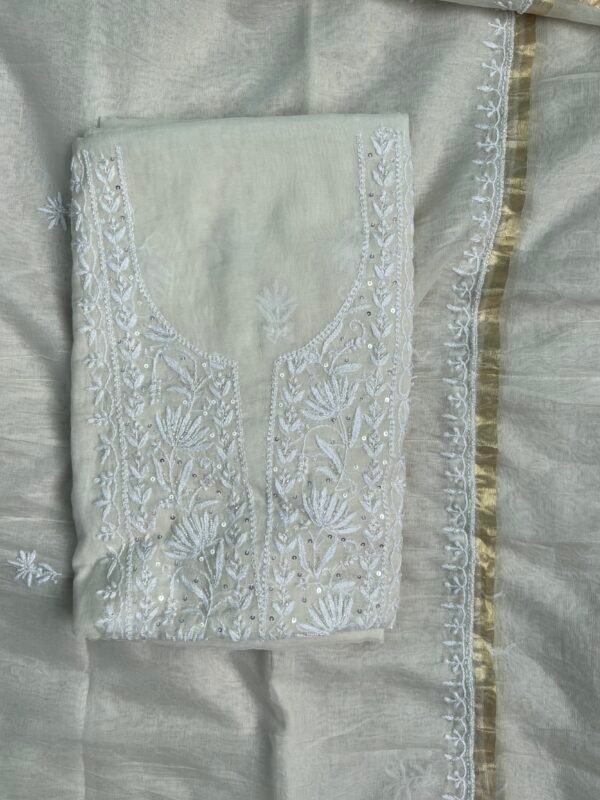 “Begum’s closet” White embroidered unstitched suit with dupatta